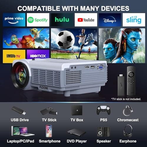 FUDONI Projector with 5G WiFi & Bluetooth, Native 1080P 18000L Portable Movie Projector for Home Theater Outdoor, Built-in Speaker, Compatible with HDMI, USB, AV, Fire Stick, Laptop, iOS, Android, PS5 — view 5