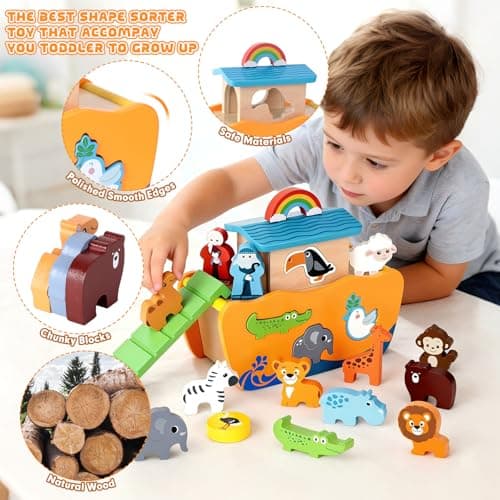 Hoarosall 27-Piece Wooden Noah's Ark Toy for 1-3 Year Olds Baptism Christmas Birthday Gift Bilingual Bible Story Montessori Shape Sorter Christian Educational Toy for Boys Girls — view 2