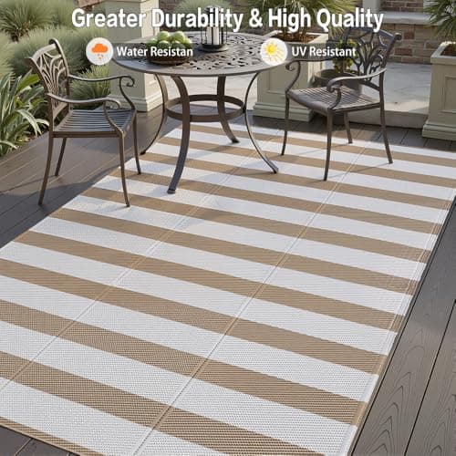 PureCozy Outdoor Waterproof Patio Rug 6x9 Plastic Straw Reversible Lightweight Outside Beige Stripe Large Carpet Outdoor for Camping RV Porch Deck Balcony Beach — view 3