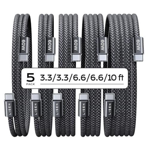 LISEN USB C to USB C Cable, 5-Pack [3.3/3.3/6.6/6.6/10FT] 60W Fast Charging