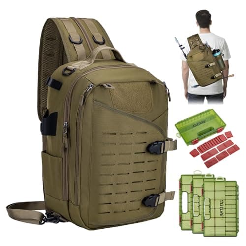 Goture Fishing Sling Bag, Khaki with 3*Green Handles 3600, Waterproof Heavy-Duty Multi-Pocket Unisex Angler Gear