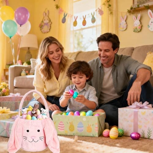 Easter Bunny Basket for Kids, Fluffy Easter Egg Hunt Bag Soft Fabric, Cute Rabbit Tote Bags with Long Plush Ear Easter Tote Bags for Candy Gifts Storage (Pink) — view 5