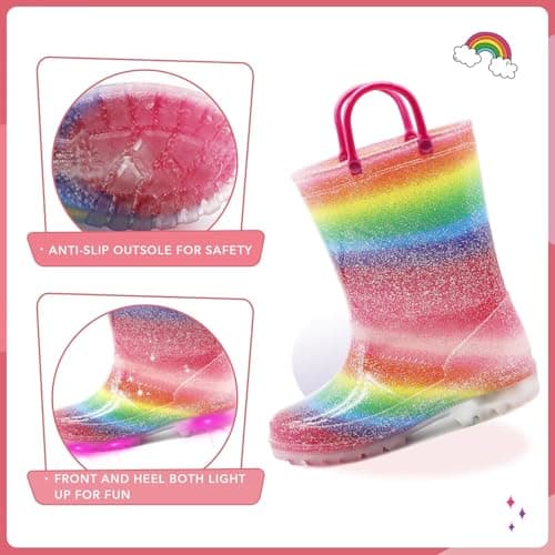 EUXTERPA Kids Toddler Light Up Rain Boots Girls Waterproof Patterns and Glitter Boots with Easy On Handles, Rainbow, Toddler Size 9 — view 3