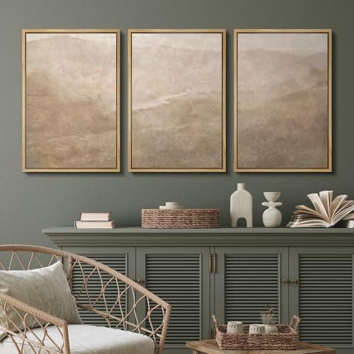 SIGNFORD Framed Canvas Print Wall Art Set Neutral Misty Mountain Landscape Minimal Earth Tone Illustrations Modern Art Relax/Calm for Living Room, Bedroom, Office - 24"x36"x3 Natural — view 3