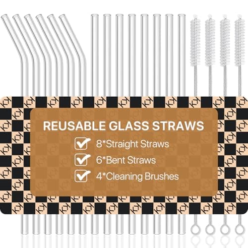 18-Pack Glass Straws, Reusable Clear Glass Drinking Straws Set, 8.5 Inch x 10mm - Includes 8 Straight and 6 Bent with 4 Straw Cleaner Brush, Perfect for Smoothies, Milkshakes, Juice, Tea