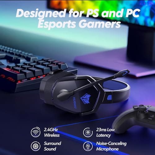 NUBWO Wireless Gaming Headset with Mic for Ps5 Ps4 PC, Zero Interference, 100-Hour Battery All-Day Play, 23ms Sync​ for Fortnite & Call of Duty/FPS Gamers, Triple Mode All Devices Compatible - Blue
