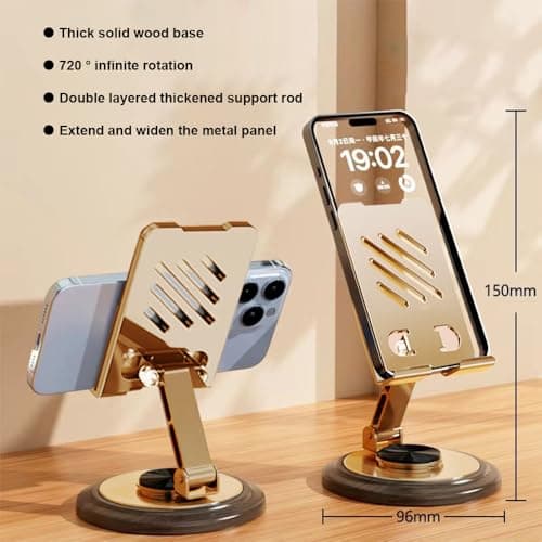 Dual Folding Phone Desk Stand, Adjustable Cell Phone Stand Accessories, 360°Rotating Phone Holder for Desk, with Wooden Disc Base, for iPhone 17 16 15 Pro Max and All Smart Phones，Gold/Black (Random) — view 2