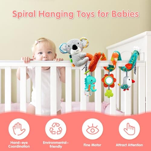 MONSTIME Car Seat Toys for Babies 0-6 Months, Newborn Toys Baby Toys 0-3 Months Stroller Toys, Infant Toys 0-6 Months for Carseat Stroller Crib with Mirror, Rattle, Teether for 0 3 6 9 12 Boys Girls — view 2