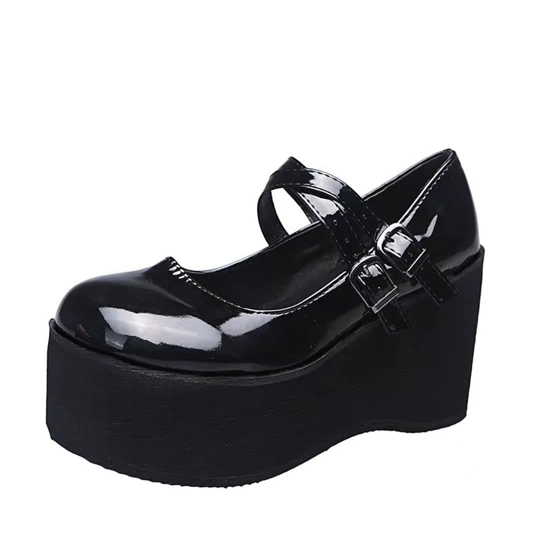 Womens Platform Mary Janes Shoes Sweet Toe Ankle Lolita Gothic Pumps Chunky Patent Leather — view 32