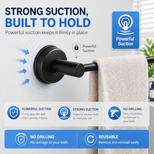 Extendable Suction Cup Towel Bar, Matte Black Stainless Steel No Drill Towel Holder for Bathroom, Adjustable Wall Mounted Towel Rack for Shower, Kitchen, RV, Smooth Tile, Glass, Mirror and Metal — view 3