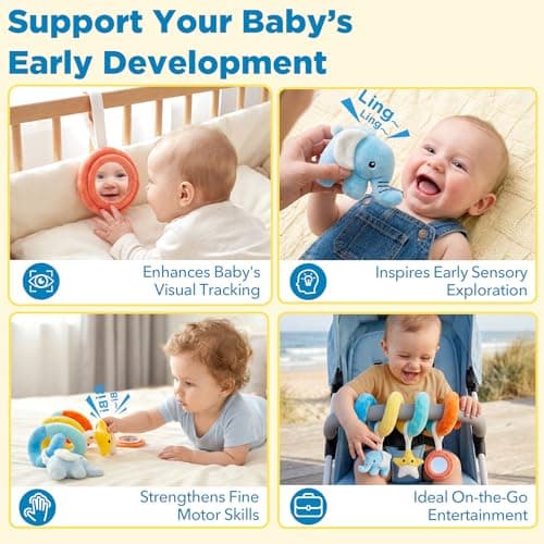 URMYWO Spiral Car Seat Baby Toys 0-6 Months, Nordic Style Sensory Toy for Newborn, Infant Hanging Stroller Toys with Rattle & 3D Crinkle, Squeaker, Mirror, Baby Shower Gift Essentials — view 3