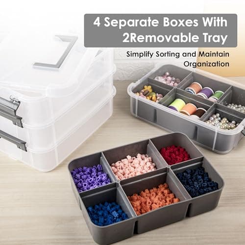 CraftGenes Grey&White Modern Plastic Storage Box - 4-Layer Durable Craft Storage Containers with 2 Removable Trays for Arts & Crafts Supplies, Sewing, Office, Seasonal Decor