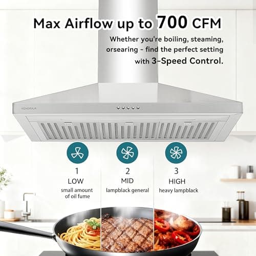 36 Inch Wall Mount Range Hood, 700 CFM Stainless Steel Chimney Vent Hood, Ducted/Ductless Convertible, 3-Speed Push Button Control, Dishwasher-Safe Filters, LED Strip Light — view 2