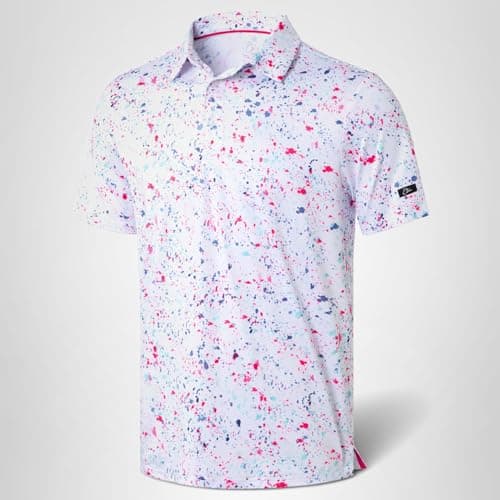 Obla Mens Golf Polo Shirts Short Sleeve Dry Fit Performance Moisture Wicking Casual Print Collared Golf Shirts for Men(White Colored Dots_L) — view 6