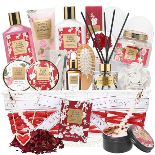 Mothers Day Gifts for Women - Rose & Cherry Blossom Bath and Body Gift Basket Set for Mother Spa Gift Set for Women - 19-Piece Bath & Body Care Kit | Mothers Day Gift for Mom, Christmas Gifts, Valentines Day, Gift for Wife