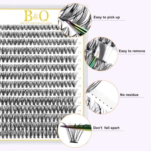B&Qaugen Lash Clusters 280 Pcs 40D-0.07D-9-16MIX B&Q LASH Individual Lashes 10D 20D 30D 40D 50D Cluster Lashes C D Curl Eyelash Clusters Soft Volume DIY Lash Extensions at Home (40D-0.07D,9-16MIX) — view 7