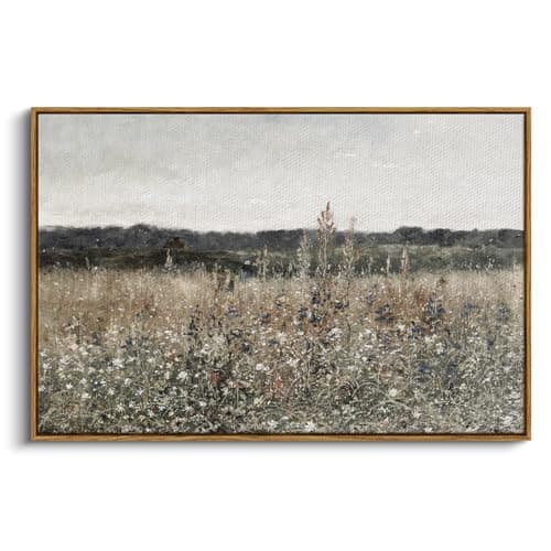 InSimSea Framed Landscape Canvas Wall Art | Meadow with Flowers Vintage Wall Art Prints Decor | Modern Farmhouse Decor | Cottagecore Bedroom Bathroom Office Decor 24x36inch