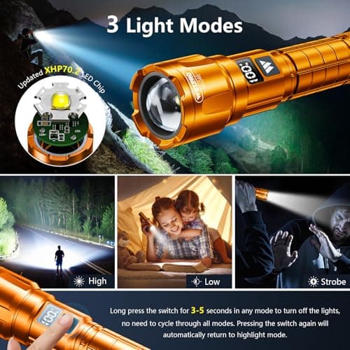 Wdtpro LED Rechargeable Flashlight 2 Pack, 3 Modes Super Bright High Lumens Flashlights, Zoomable Tactical Flash Light with LCD Display, IP65 Waterproof Flashlights for Home Emergency Camping - Orange — view 2