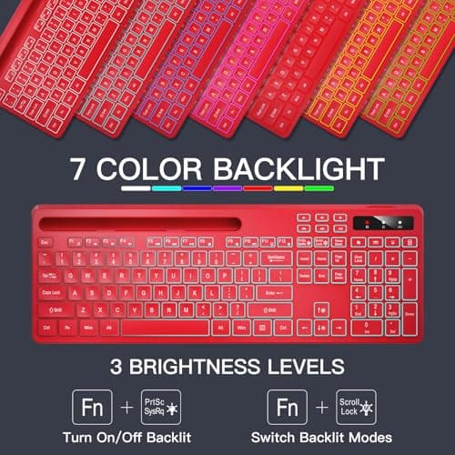 Soueto Wireless Keyboard with 7-Color RGB Backlit, Full-Size Computer Keyboard with Phone Tablet Holder, 2.4G Rechargeable Gaming Keyboard with Light Up Keys, Compatible with Mac, Windows (Red)