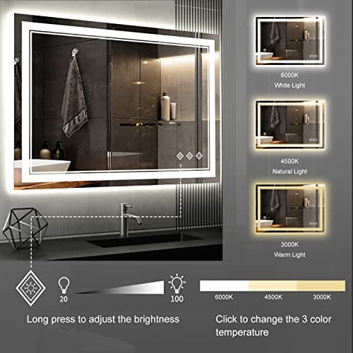 VanPokins Lighted Bathroom Mirror, 40x30 Inch Gradient Front and Backlit LED Bathroom Mirror, 3 Colors Dimmable CRI>90 Double Lights, Enhanced Anti-Fog, Hanging Plates Wall Mount LED Mirror — view 4