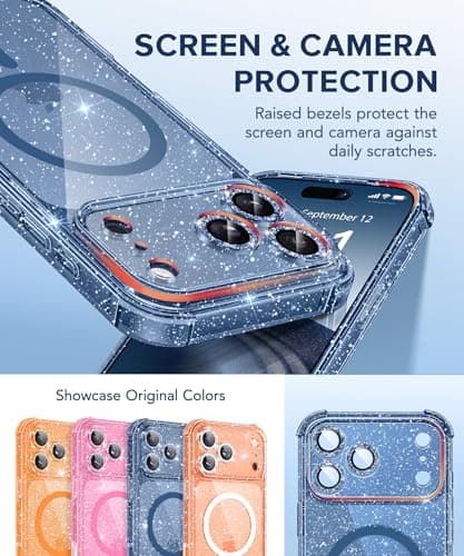 BERFY for iPhone 17 Pro Max Case for Women, Compatible with MagSafe, Clear Glitter Shockproof Protective Case, Anti-Yellowing, with Screen Protector Covers 6.9", Sparkle Blue
