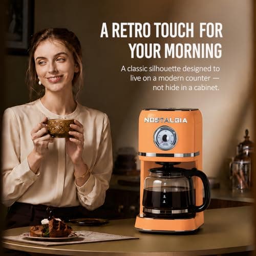 Nostalgia Classic Retro 10 Cup Coffee Maker - One-Touch Drip Brew, Reusable Filter - Anti-Drip, Auto Shutoff, & Time Display - Dishwasher Safe 50 oz Carafe - Orange — view 5