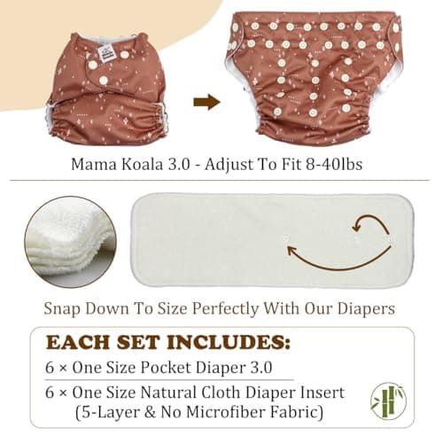0 Cloth Diapers for Babies with AWJ Lining, 6 Pack with 12 5-Layer Bamboo(No Microfiber) Cloth Diaper Inserts - Reusable and Washable Pocket Diapers(12-My Warm Heart) — view 5