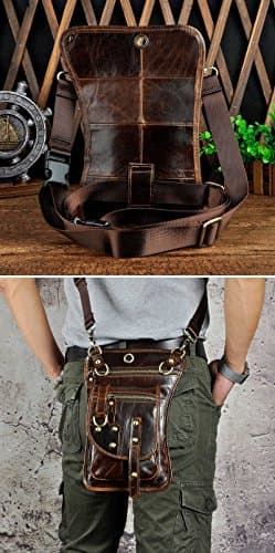 Le'aokuu Mens Genuine Leather Messenger Hiking Waist Hip Bum Pack Drop Thigh Leg Bag 2141 (2141-Coffee) — view 2