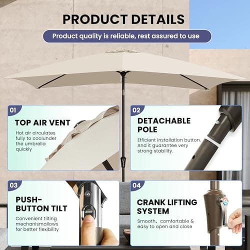 Ayge 6.5x10FT Rectangular Patio Umbrella Outdoor Table Umbrella w/Push Button Tilt & Crank Rectangle Market Umbrella UV Protection for Garden,Deck,Lawn,Yard & Pool,Beige