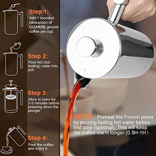 Secura French Press Coffee Maker, 304 Grade Stainless Steel Insulated Coffee Press with 2 Extra Screens, 34oz (1 Litre), Silver — view 4