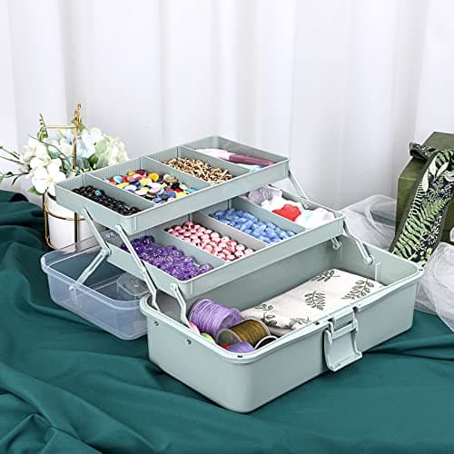 BTSKY 3-Layer Plastic Dividing Storage Box Craft Organizer and Storage with Adjustable Spacers Portable Handled Art Supply Organizer Multipurpose Home Utility Box for Medicine Sewing(Haze Green) — view 5