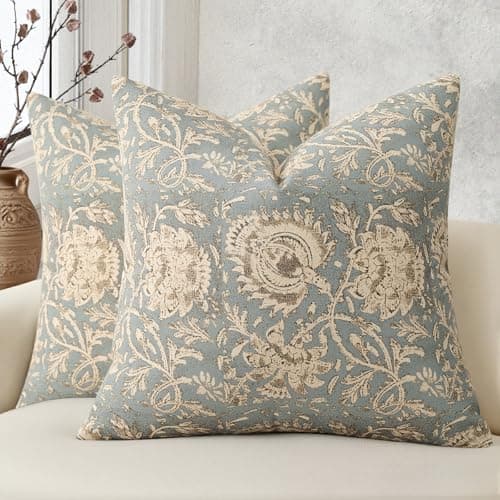 Vintage Floral Print Throw Pillow Covers 18x18 Set of 2 Neutral Modern Farmhouse Pillowcases Accent Decorative Cushion Covers Boho Home Decor for Couch Sofa Chair Bed Living Room, Sky Blue