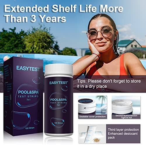 EASYTEST 7-Way Pool Test Strips, 150 Strips Water Chemical Testing for Hot tub and Spa, Accurate Test Bromine, Total Alkalinity, pH, Free Chlorine, Total Hardness, Cyanuric Acid, and Total Chlorine — view 5