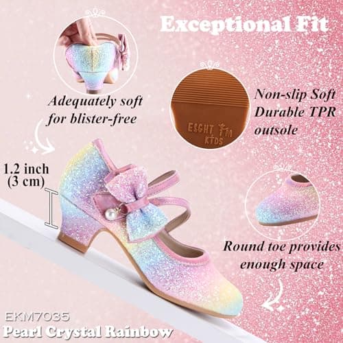 EIGHT KM Girls High Heel Dress Shoes Mary Jane Princess Wedding Party Pump Shoes EKM7035 Sparkle Glittery Crystal Pearl Bow Rainbow US Toddler Size 8 — view 2