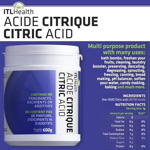 ITL Health Citric Acid Powder 600g - Pure, Food-Grade Quality for DIY Bath Bombs, Descaling & Household Cleaning, Non-GMO, Cleaner, Natural Ingredient for Cooking & a Variety of Home Uses — view 5