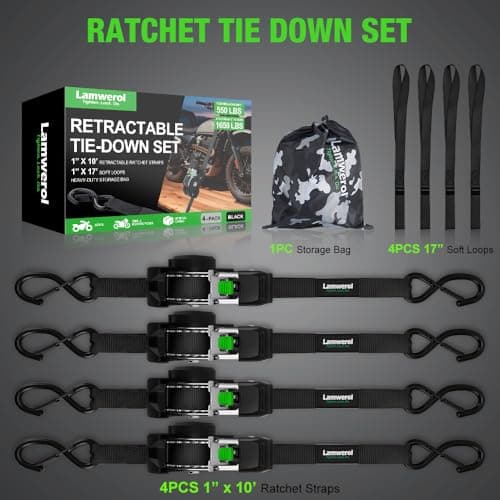 Retractable Ratchet Straps (4-Pack) - 1 Inch x 10 Feet (1,650lb Break Strength) - Heavy Duty Auto Self Retracting Tie Down Straps for Motorcycle, ATV, UTV, Truck, Cargo Trailer - Black — view 5