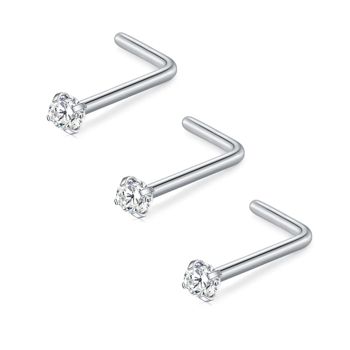 FECTAS Nose Stud L Shape Nose Ring Stud Nose Bar 18G 20G 1.5mm 2mm 2.5mm 3mm L Shaped Nose Piercing Jewellery Stainless Steel Clear Pink Blue Round Star Heart Diamond Silver Gold Black — view 9