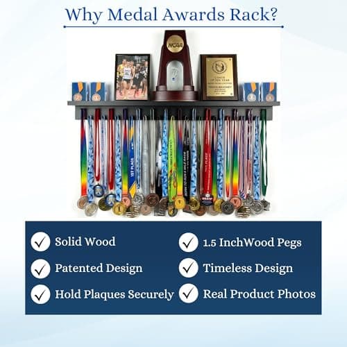 Medal Awards Rack Premier Medal Hanger Display Rack and Trophy Shelf for Gymnastics, Soccer, Basketball, Football, and More – Black, 3 ft — view 2