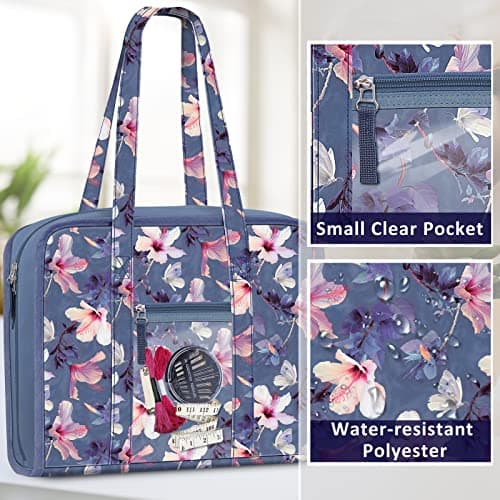 FINPAC Sewing and Craft Supplies Storage Tote, Large Capacity Travel Packing Organizer Bag with Clear Pockets and Handle for Knitting, Crochet, Art, Sewing Accessories (Blooming Hibiscus) — view 4