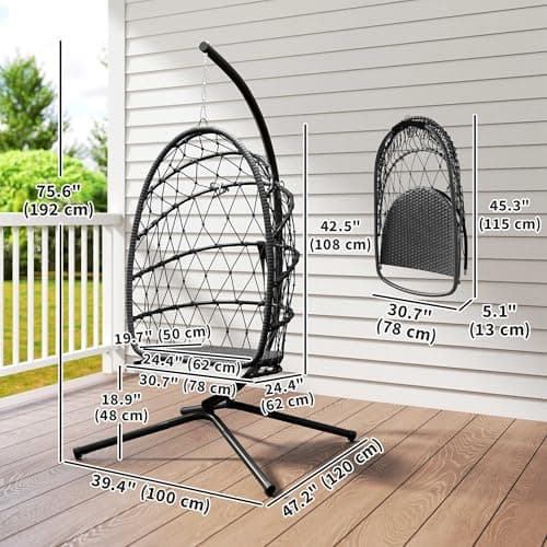 Outsunny Hanging Egg Chair with Stand, Foldable Wicker Rattan Swing Chair with Thick Cushion and Safety Rope for Patio Garden, Supports 264 lbs, Black — view 6