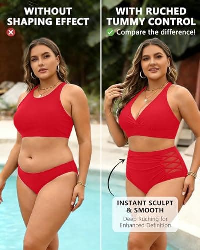 Yonique Womens Plus Size Bikini High Waisted Swimsuits Two Piece Bathing Suits Tummy Control Swimwear, Red, 18 Plus — view 4