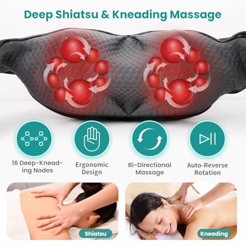 Nekteck Shiatsu Back Neck Massager,2026 Upgraded 3D Back Shoulder Kneading Massage Pillow, Deep Kneading Shoulder Massager with Heat, Waist Massage Pillow for Home Car and Office Use (NOT Cordless)
