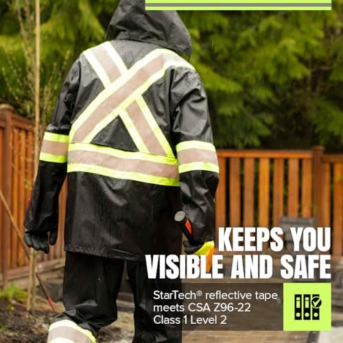 Pioneer Hi Vis Waterproof Lightweight Rainsuit - Work Safety Hooded Jacket and Bib Pants - Adjustable Pant Length - Black — view 2