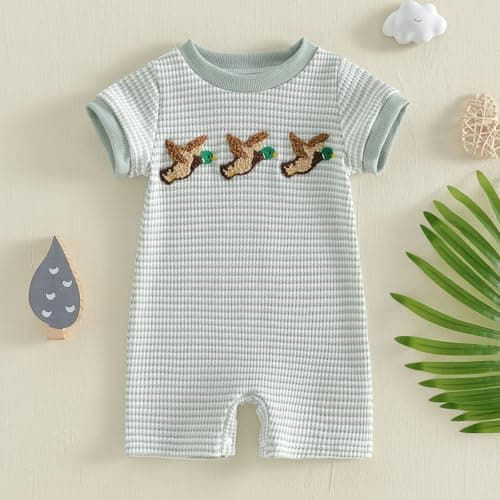 Baby Boy Girl Hunting Outfit Western Romper Camo Duck Jumpsuit Short Sleeve Bodysuit Animal Playsuit Summer Clothes (01 Green Duck, 0-3 Months) — view 3
