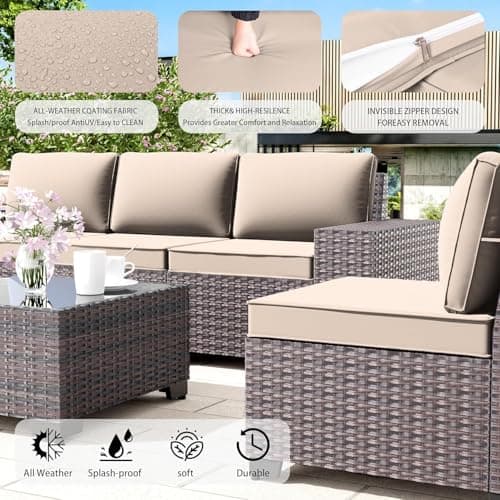 RTDTD 6 PCS Outdoor Patio Furniture Set,Outdoor Sectional Furniture All Weather PE Rattan Wicker Patio Conversation Set with Coffee Table and 5 Thickened Cushions,Brown — view 6