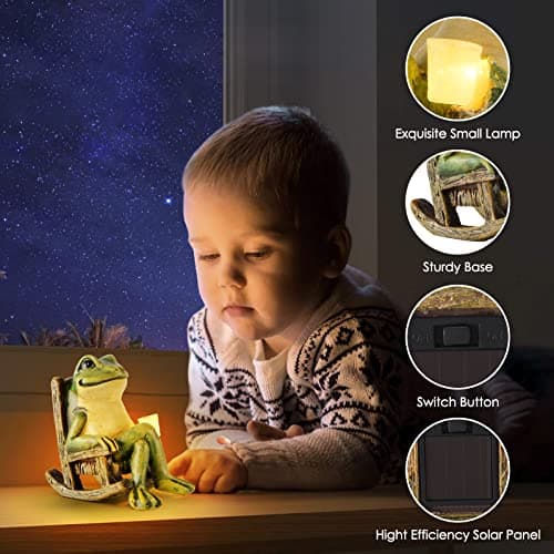 FOXMIS Miniature Frog Garden Statue Mom Dad Gifts Home Decorations Fairy Garden Accessories Outdoor Lights Solar Garden Frog Decor Art Housewarming Gift for Patio,Yard,Lawn Ornament,3.89"x2.36"x3.93 — view 4
