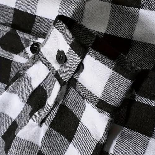 Men's Casual Short Sleeve Button Down Shirt, Checkered Pattern Stand Collar Top with Chest Pockets for Summer Wear Black — view 4
