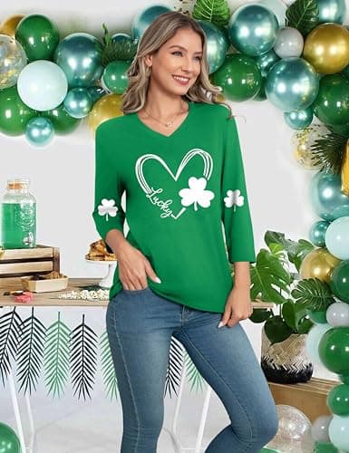 MEESHEEP St Patricks Day Shirt Women 3/4 Sleeve V Neck Irish Lucky Shamrock Tshirt — view 3