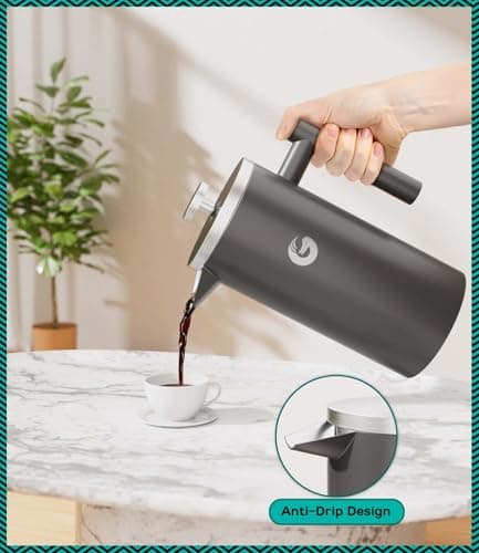 Coffee Gator 304 Grade Stainless Steel French Press Coffee Maker 34 oz, Double Wall Insulated Hot Cold Brew Teapot with 4-Level Filtration System, Include Travel Jar Canister, Kitchen, Gray — view 4