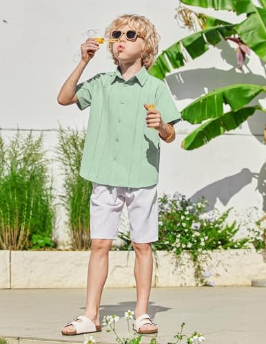 Arshiner Boys Button Down Shirt Short Sleeve Knit Shirt Summer Vintage Fashion Casual Beach Shirts for Kids 4-12 Years Light Green — view 5